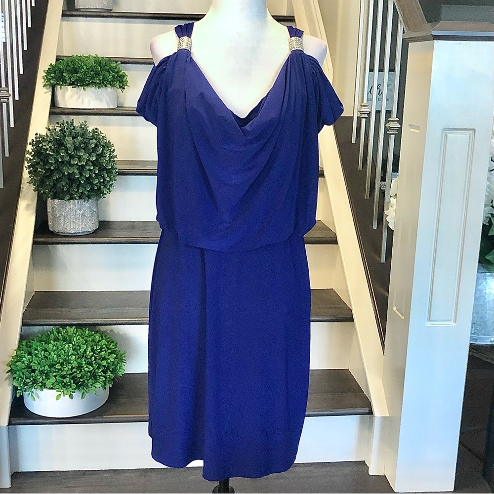 Draped V-Neck Dress with Rhinestone Detail on Shoulders 12P